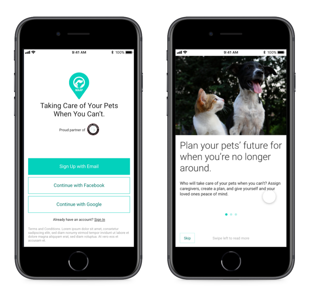 MAAP app sign-up and onboarding screens shown on two iPhones.