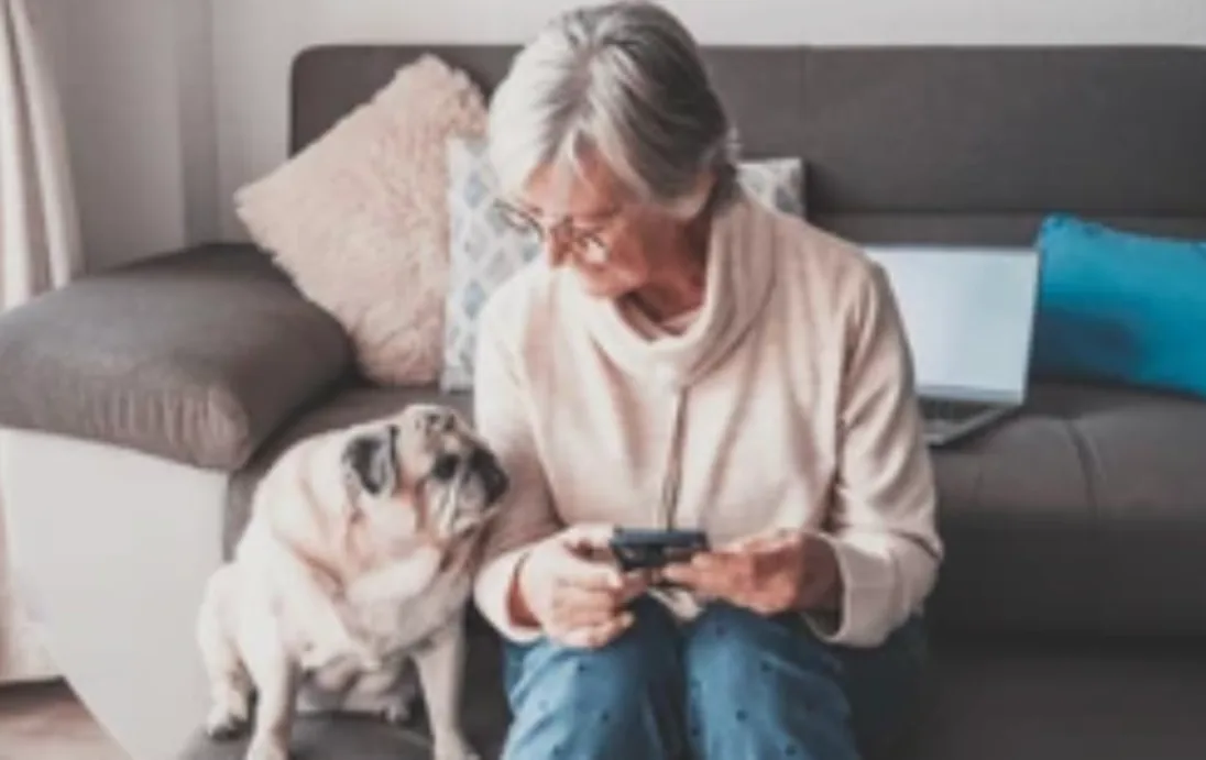 A woman sitting on a sofa with her pug, using the MAAP app on her phone.