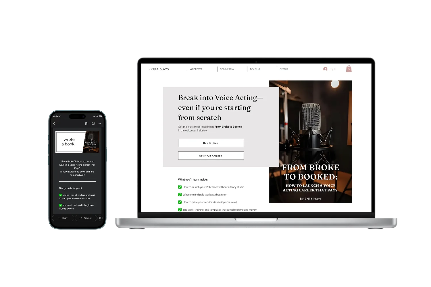Erika Mays book launch campaign shown on a laptop and an iPhone.