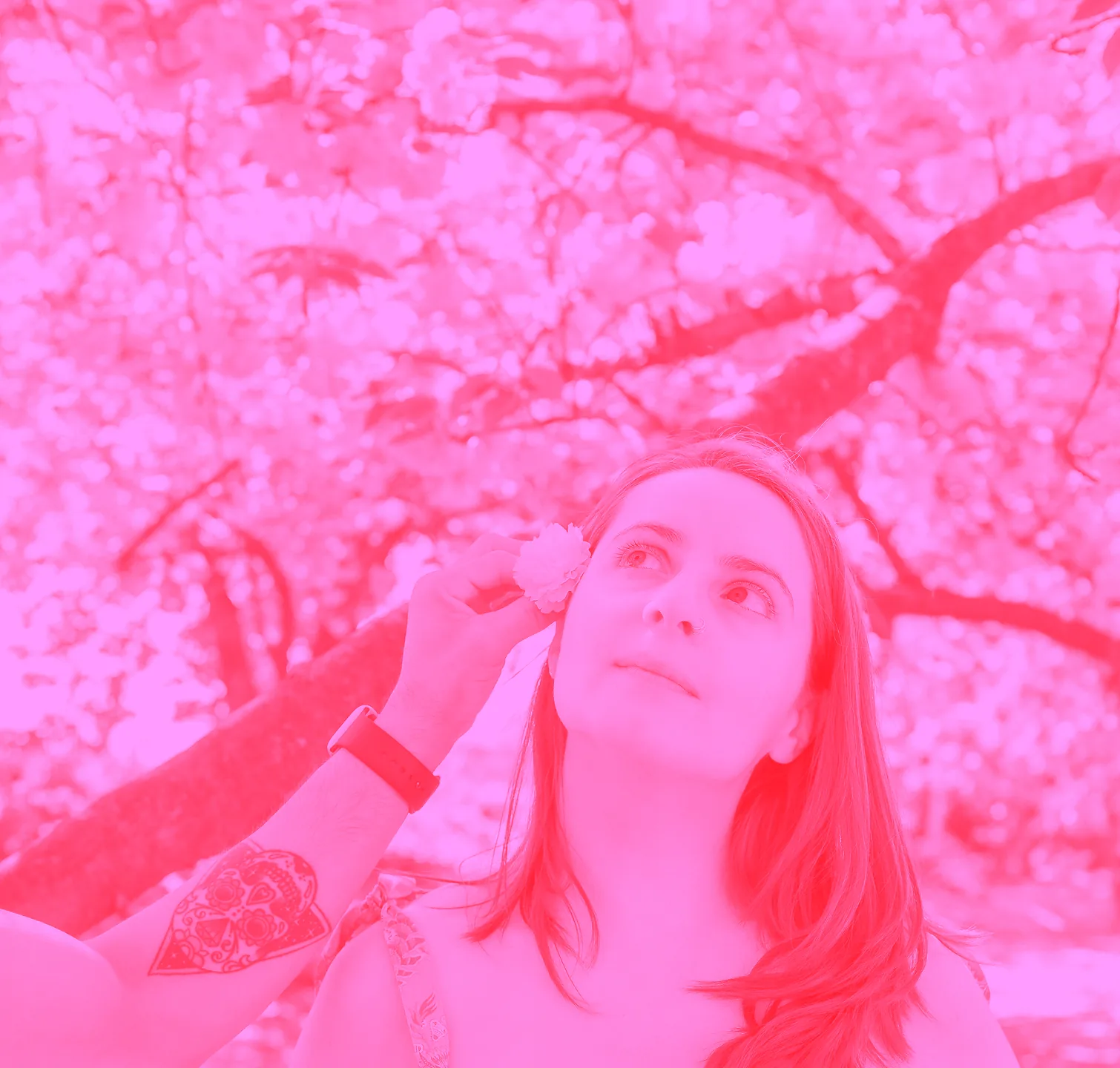 Jess Luszcz standing among cherry blossom trees, in a photo with a pink filter.