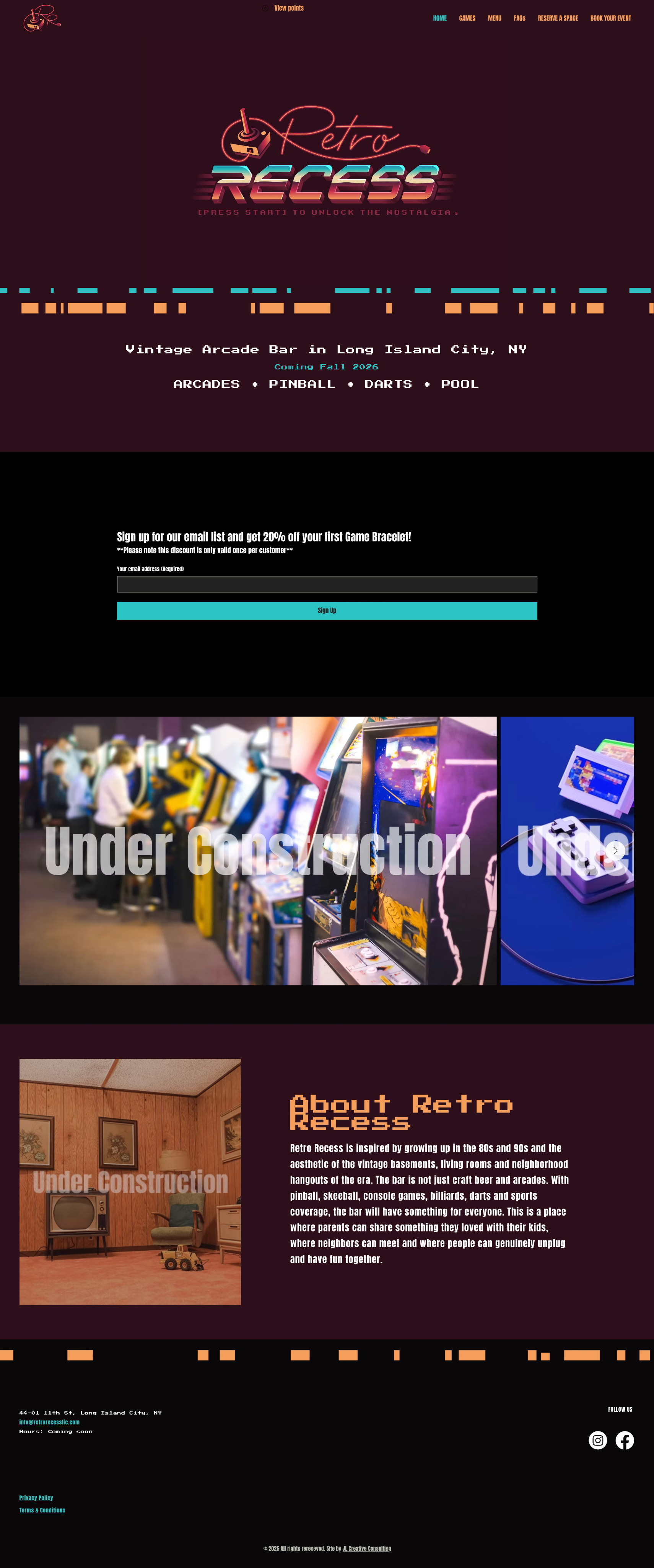 Retro Recess LIC homepage, a retro-styled arcade and event space site designed by Jess Luszcz.