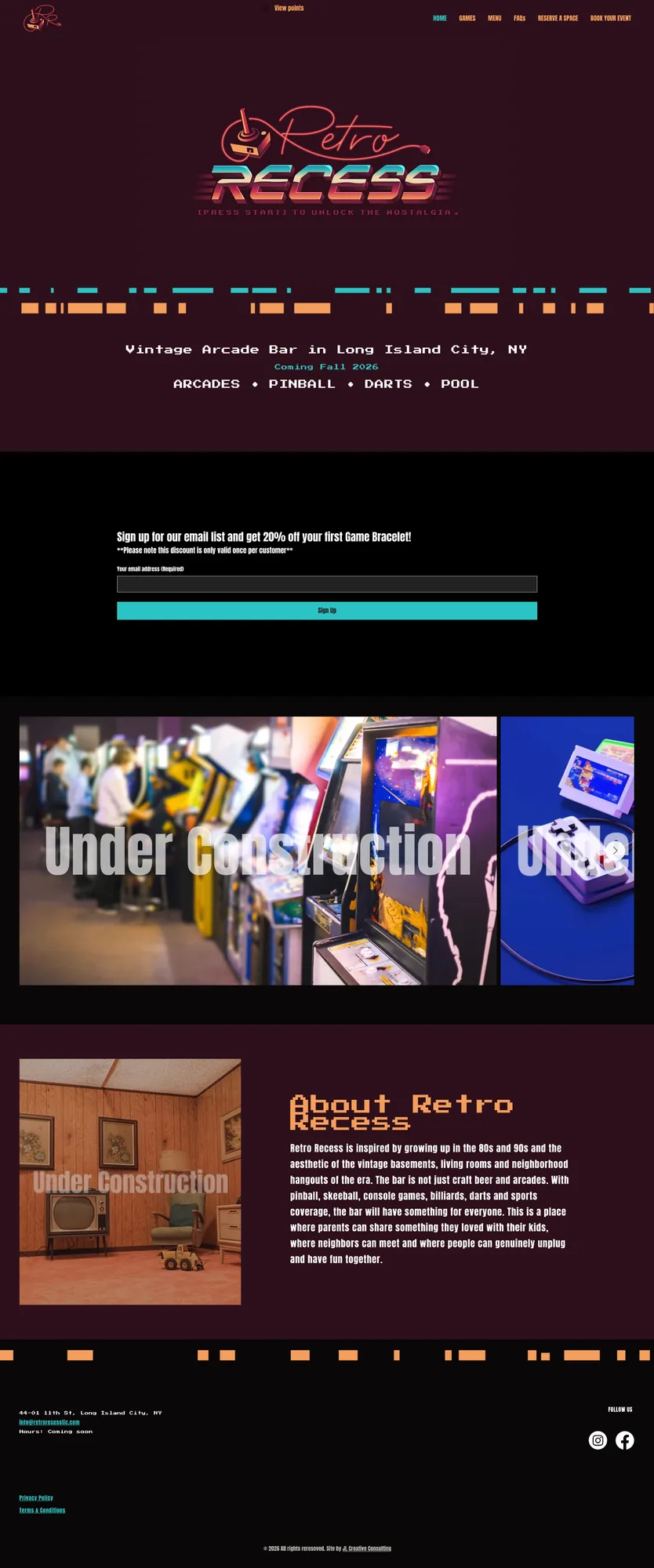 Retro Recess LIC homepage, a retro-styled arcade and event space site designed by Jess Luszcz.