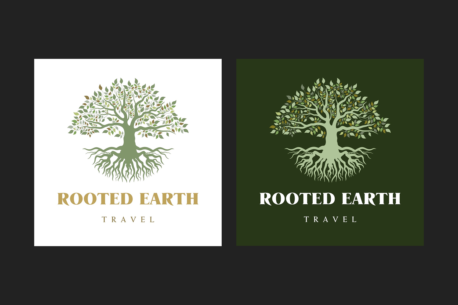 Rooted Earth Travel logo suite in primary, stacked, and icon lockups.