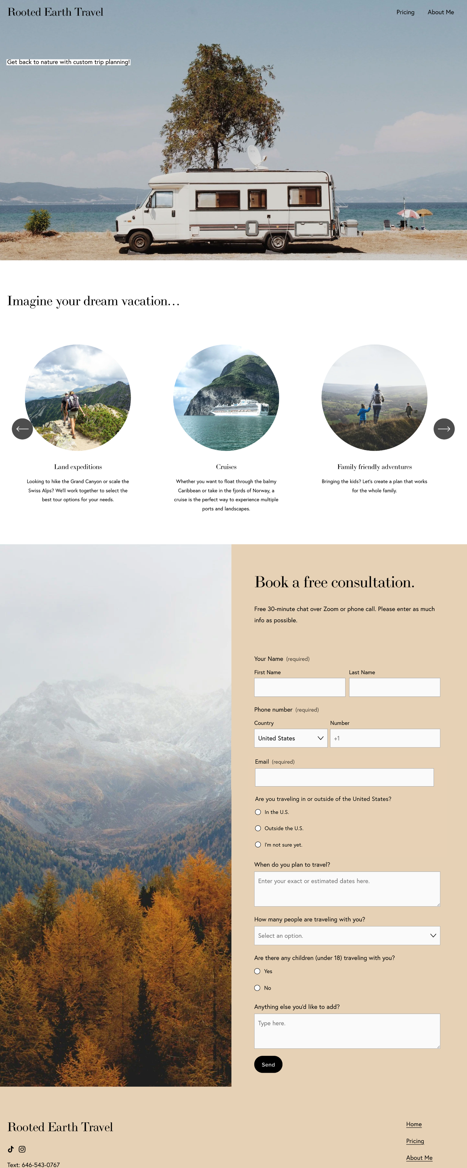 Full-length view of the Rooted Earth Travel homepage design.